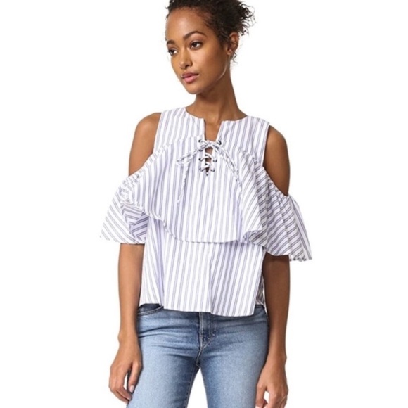 J.O.A. Stripe Cold Shoulder Lace Up Front Summer Top S - Picture 2 of 11